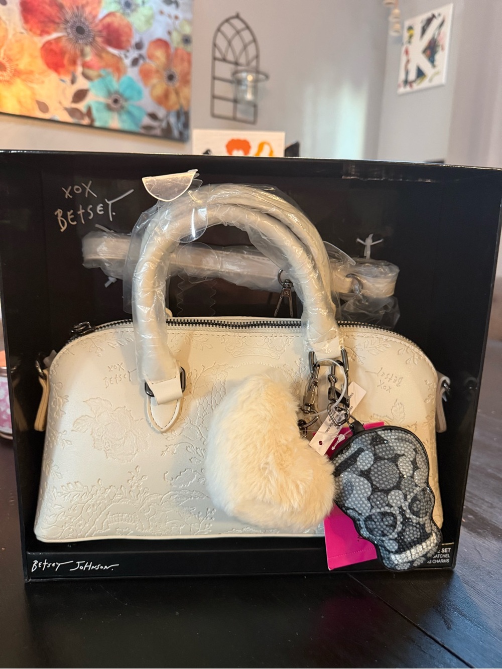 Betsey Johnson Cream Embossed Dome Satchel with Heart Charm